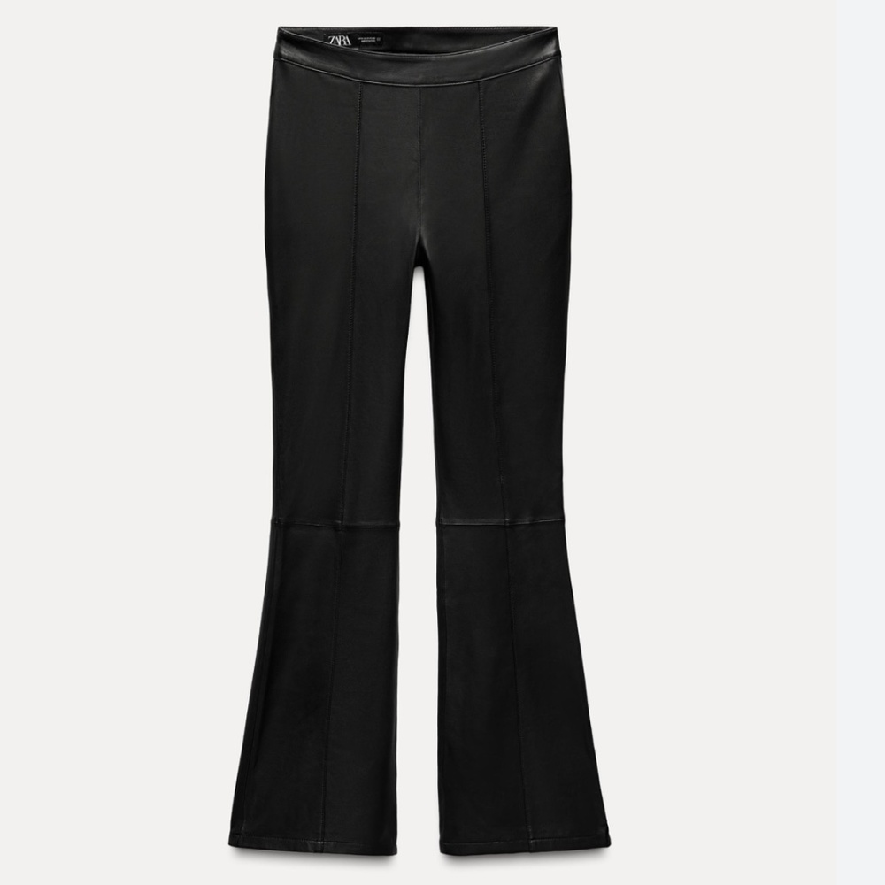 ZARA FLARED 100% LEATHER PANTS BLACK SIZE M